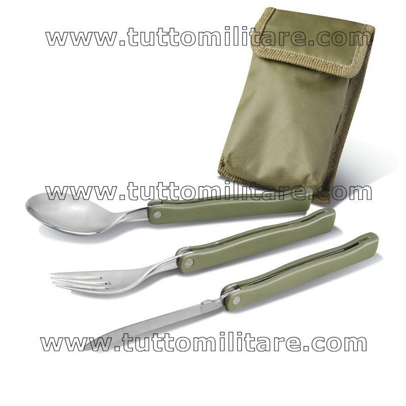 Set Posate Pieghevoli da Campo con Astuccio Nylon Verde