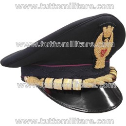 Vista laterale del Berretto Maschile Polizia di Stato con quattro galloncini dorati bordo nero sul soggolo a treccia oro