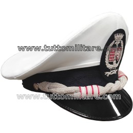 Vista Laterale Berretto Comandante Polizia Locale Umbria con soggolo intrecciato argentato e tre trine argentate con bordo rosso